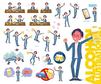 Flat type blue suit Glasses man alcohol Stock Illustration