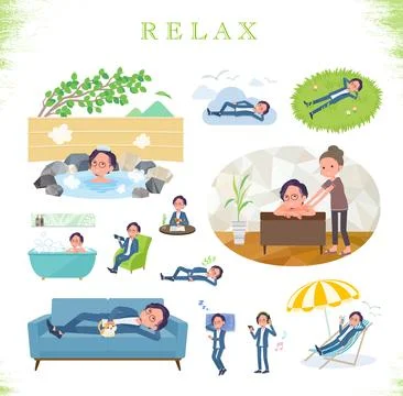 Flat type blue suit Glasses man relax Stock Illustration