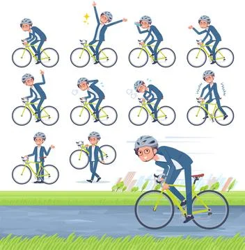Flat type blue suit Glasses man road bike Stock Illustration