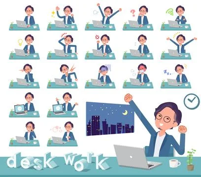 Flat type blue suit Glasses man desk work Stock Illustration