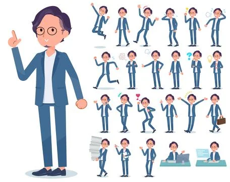 Flat type blue suit Glasses man emotion Stock Illustration