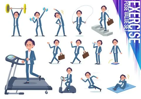 Flat type blue suit Glasses man exercise Stock-Illustration