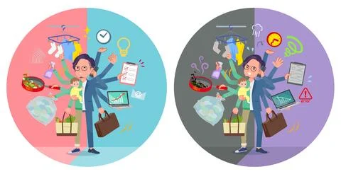 Flat type blue suit Glasses man mulch task switch Stock Illustration