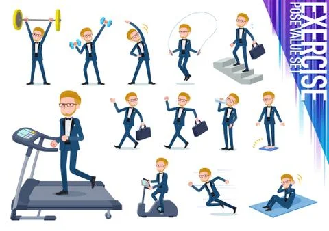 Flat type blue tuxedo men exercise Stock Illustration