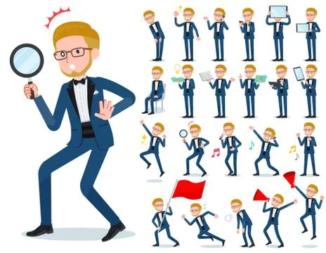 Flat type blue tuxedo men Action Stock Illustration