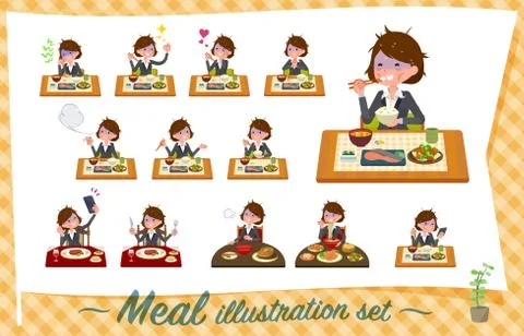 Flat type Gray suit business women Bad condition Meal Stock Illustration