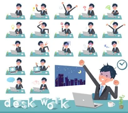 Flat type Gray suit businessman Bad condition desk work Stock Illustration