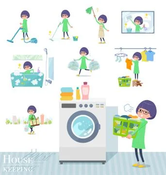 Flat type Green clothes Glasses girl housekeeping Stock Illustration