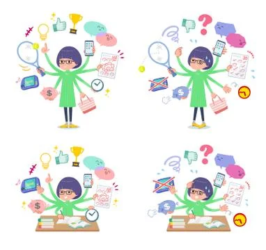 Flat type Green clothes Glasses girl mulch task Ilustración de archivo