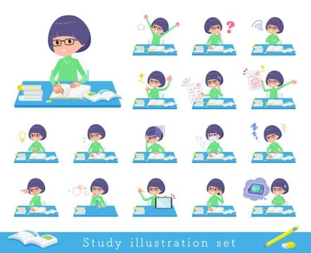 Flat type Green clothes Glasses girl Study Illustrazione stock