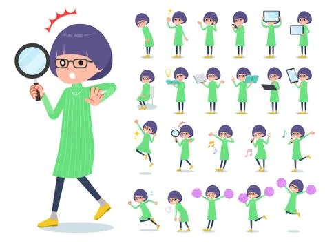 Flat type Green clothes Glasses girl Action Illustrazione stock