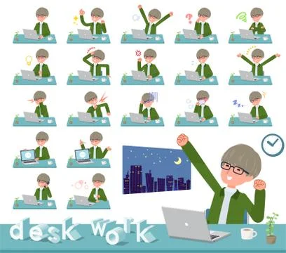 Flat type green Coach jacket man desk work Stock Illustration