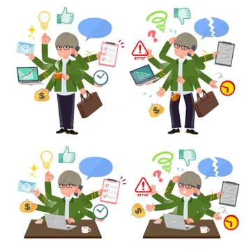 Flat type green Coach jacket man mulch task Office Illustrazione stock