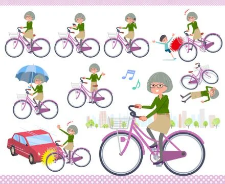 Flat type green shirt old women city cycle Illustrazione stock