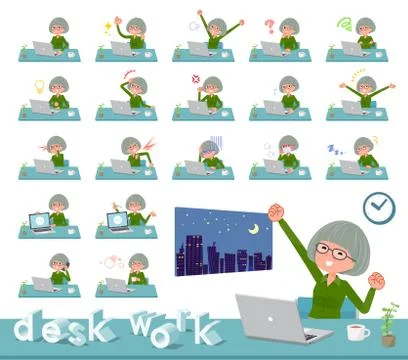 Flat type green shirt old women desk work Illustrazione stock