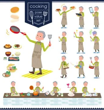 Flat type Green vest old man cooking Illustrazione stock