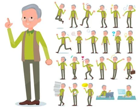 Flat type Green vest old man emotion Illustrazione stock