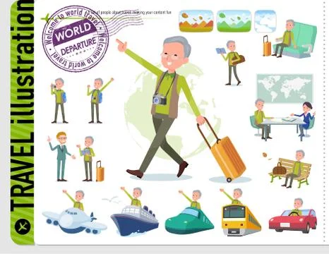 Flat type Green vest old man travel Stock Illustration