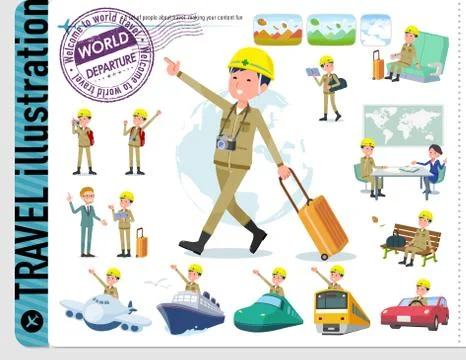 Flat type helmet worker men travel Stock Illustration