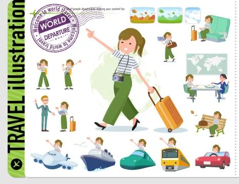 Flat type khaki wide pants women travel Stock Illustration