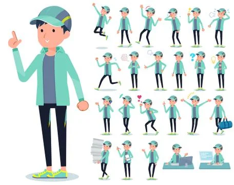 Flat type man Blue green Sportswear emotion Illustrazione stock