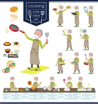 Flat type mask Green vest old man cooking Stock Illustration