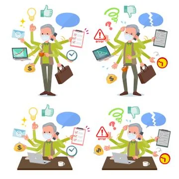 Flat type mask Green vest old man mulch task Office Stock Illustration