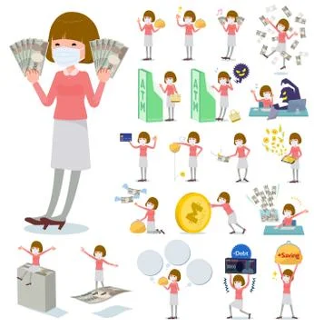 Flat type mask pink blouse women money Stock Illustration