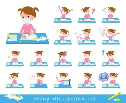 Flat type mask Pink clothing girl Study Stock Illustration