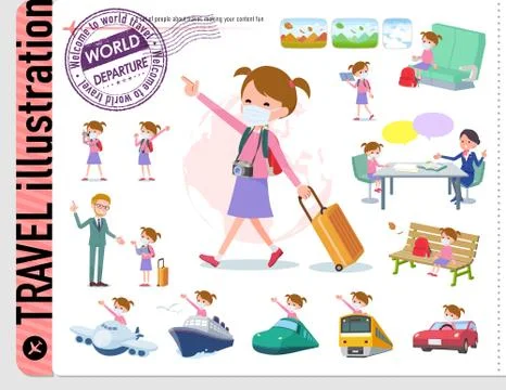 Flat type mask Pink clothing girl travel Stock Illustration