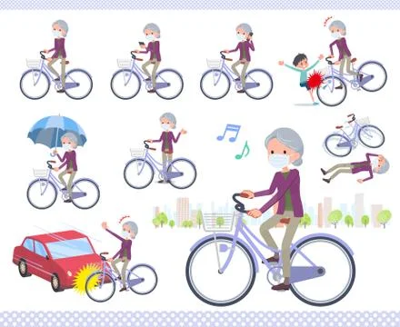 Flat type mask Purple clothes old women city cycle Stock Illustration