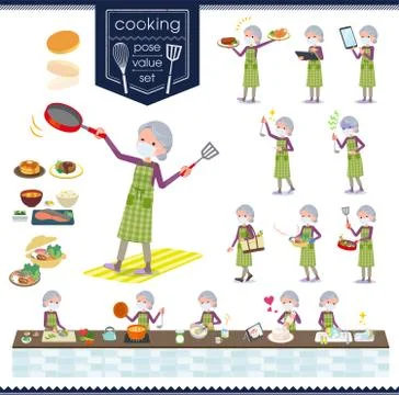 Flat type mask Purple clothes old women cooking Stock Illustration