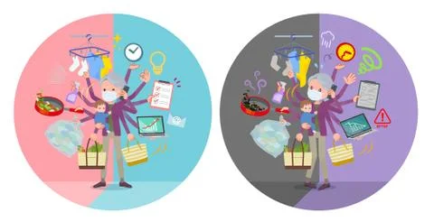 Flat type mask Purple clothes old women mulch task switch Stock Illustration