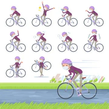 Flat type mask Purple clothes old women road bike Illustrazione stock