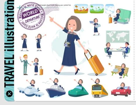 Flat type Navy blue dress women travel Stock Illustration