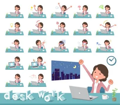Flat type Pink jacket Middle women desk work Stock Illustration