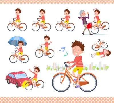 Flat type Red clothing short hair boy city cycle Illustrazione stock