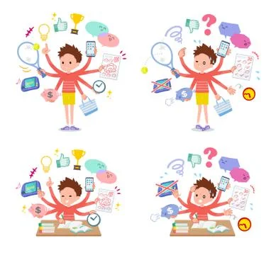Flat type Red clothing short hair boy mulch task Ilustración de archivo