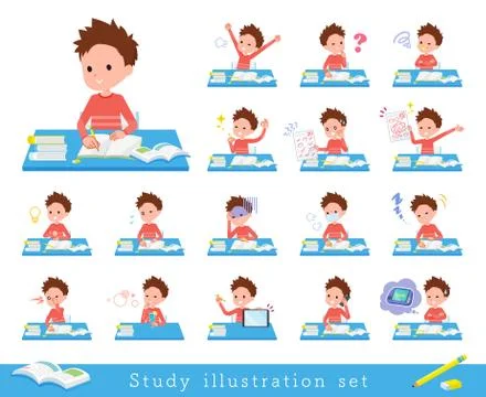 Flat type Red clothing short hair boy Study Illustrazione stock