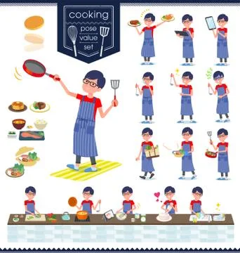 Flat type red Tshirt Glasse men cooking Illustrazione stock