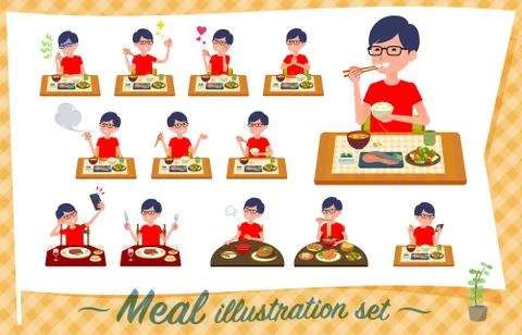 Flat type red Tshirt Glasse men Meal Stock Illustration