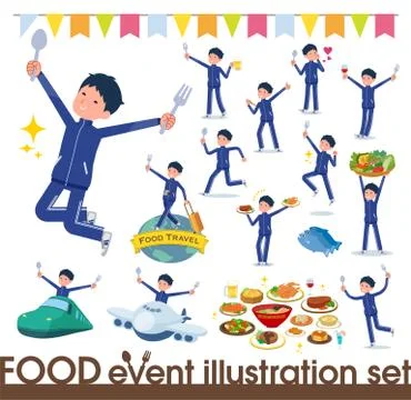 Flat type school boy Blue jersey food festival Stock-Illustration