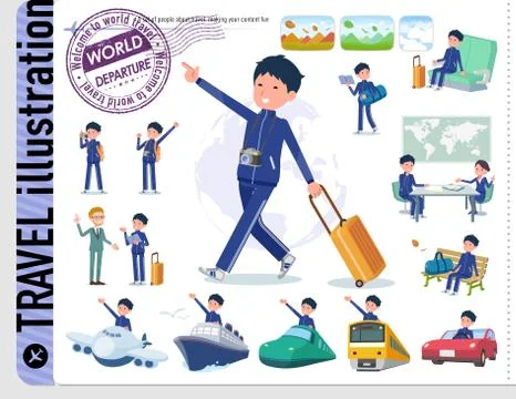 Flat type school boy Blue jersey travel Stock Illustration