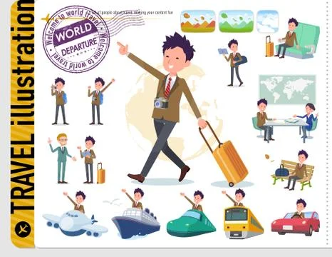 Flat type school boy Brown Blazer travel Stock Illustration