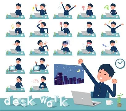 Flat type school boy gakuran desk work Stock Illustration