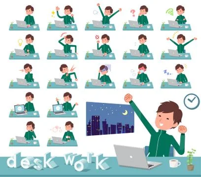 Flat type school boy green jersey desk work 스톡 일러스트