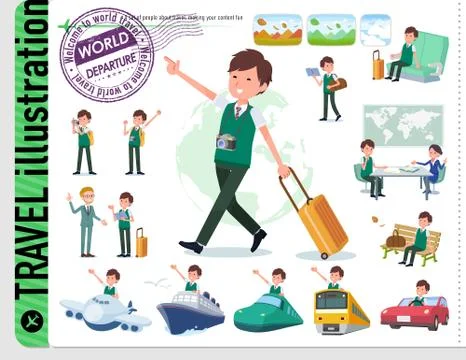 Flat type school boy green vest summer travel Stock Illustration