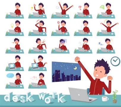 Flat type school boy red jersey desk work 스톡 일러스트