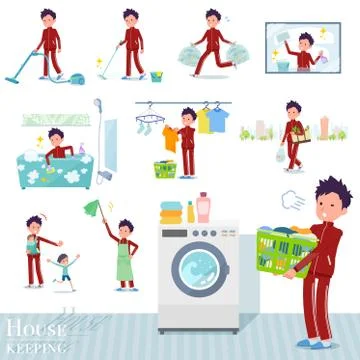 Flat type school boy red jersey housekeeping Stock-Illustration