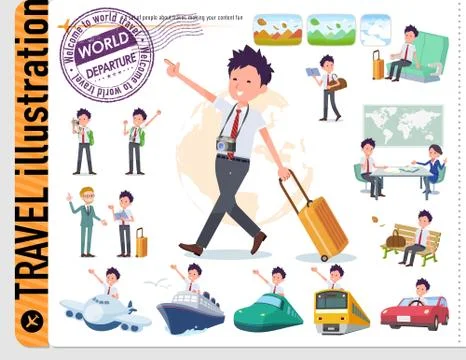 Flat type school boy short sleeve necktie summer travel Stock Illustration